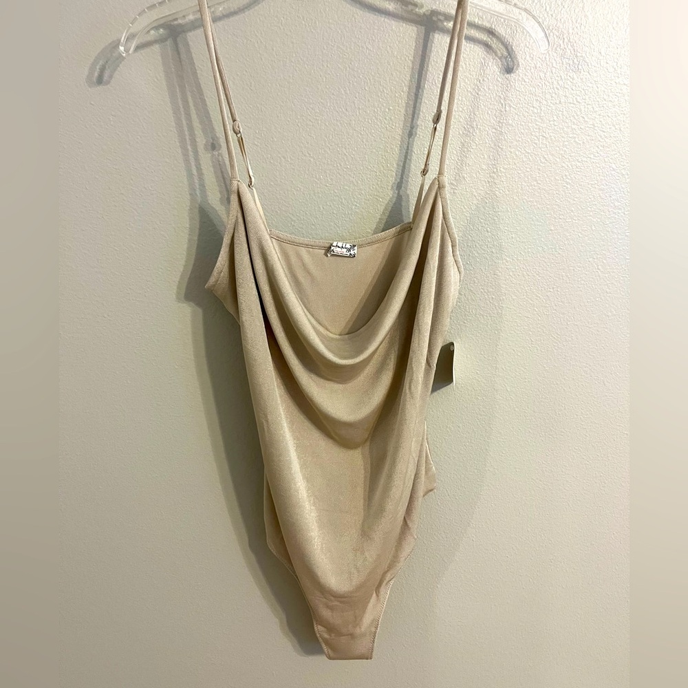 Free People Chic Beige Bodysuit with Draped Design